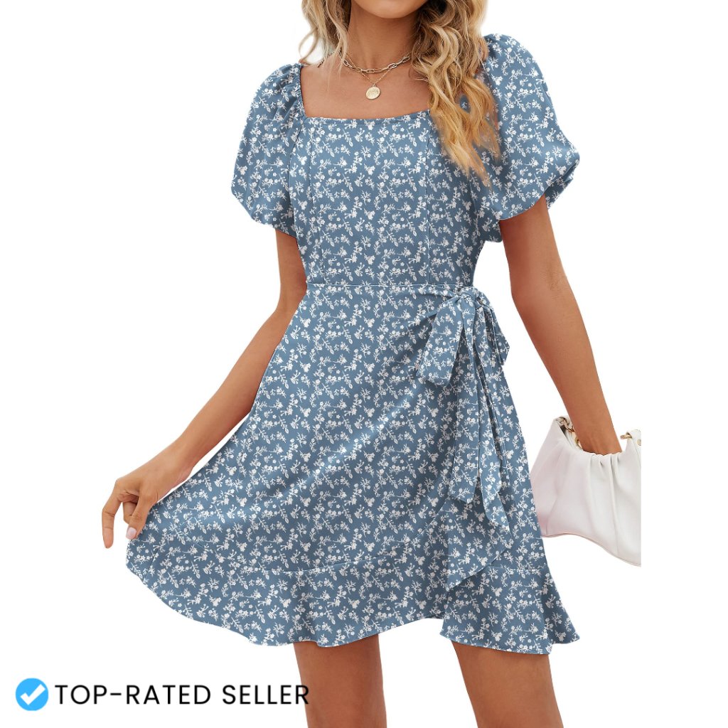 Square Neck Puff Sleeve Tie Waist Mini Dress Flowy Ruffle Hem A-Line